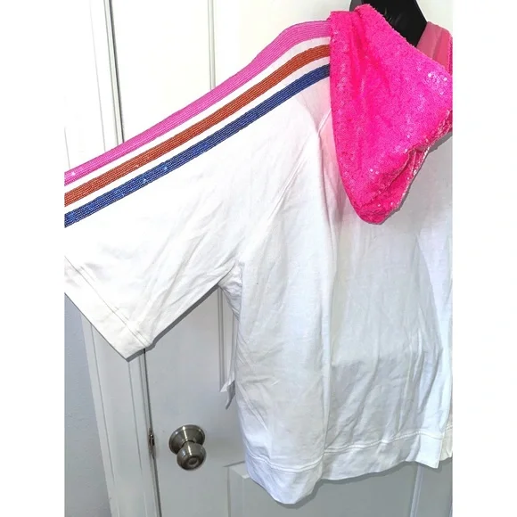 Fantastic Fawn White Sequin Hooded Short Sleeve Top - Picture 10 of 10